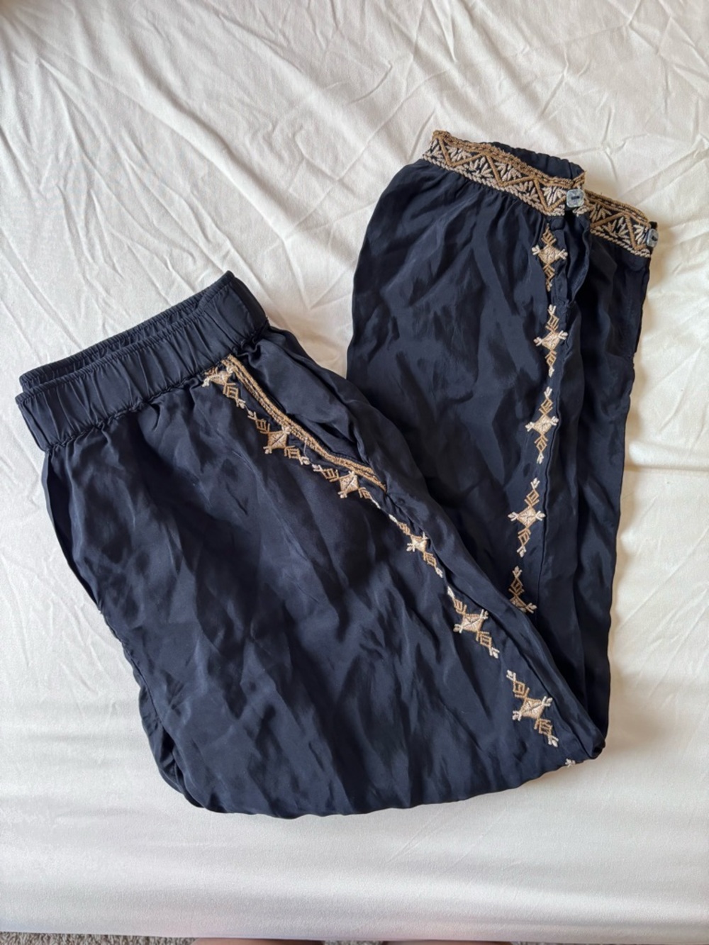 Johnny Was black Embroidered Relaxed Trousers with Cream Trim